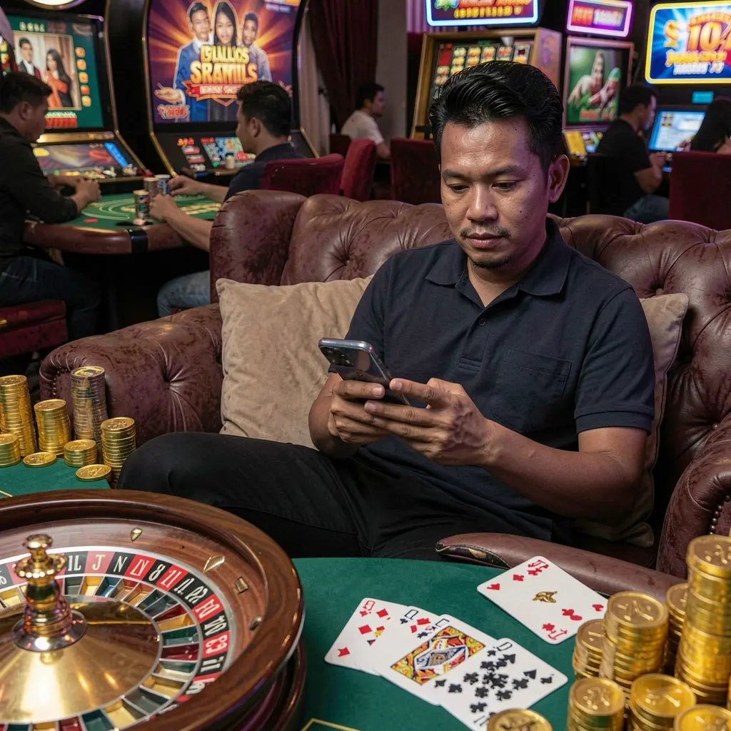 Focused Filipino player using the K5888 casino app on his phone with digital roulette wheels and gold coins creating a premium gaming mood