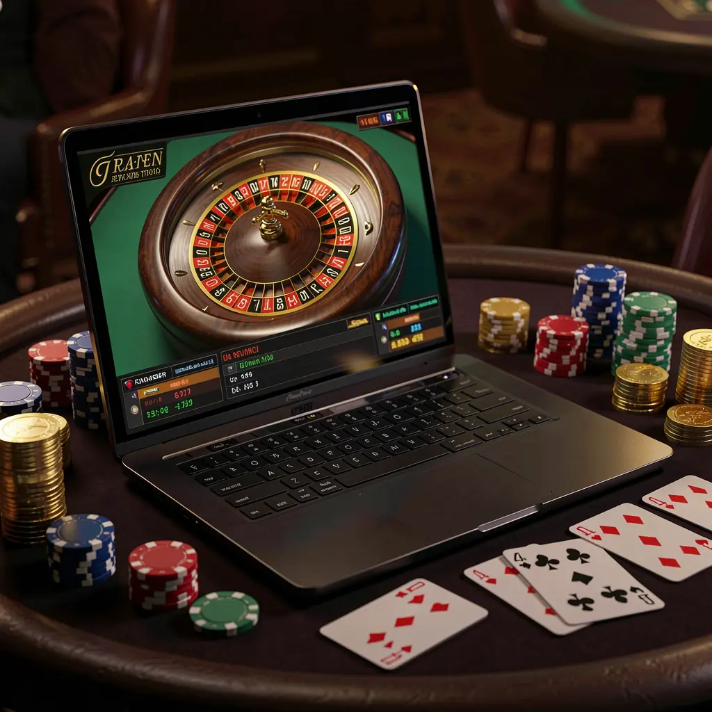 Luxury online casino scene with a roulette wheel on a laptop screen and stacked poker chips representing the high stakes gaming environment at K5888 for players in the Philippines
